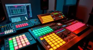Collection of modern drum machines and grooveboxes arranged for electronic beat making and music production