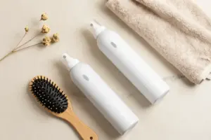 Aesthetic spray bottles of dry shampoo with no white residue arranged on a marble vanity surface