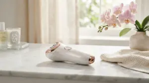 Sleek rose gold epilator for sensitive skin on a luxury marble bathroom vanity beside orchid flowers