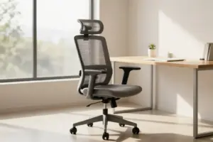 Modern mesh ergonomic office chair under 300 dollars in a sunlit home office setup