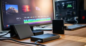 High-speed external SSD drives connected to a professional video editing workstation for fast 4K and 6K footage storage