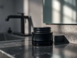 Luxury jar of the best eye cream for men on a dark bathroom countertop with natural light