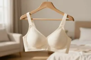 Soft cotton front-closure bra with easy snaps hanging in a sunny room for senior comfort.