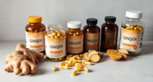 Selection of ginger supplements with fresh ginger root for natural nausea relief and digestive support