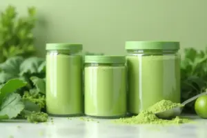 Different green superfood powder containers and fresh leafy ingredients arranged for a greens powder comparison