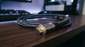 Braided ultra high speed HDMI 2.1 cable with gold connectors on a gaming desk with RGB lighting