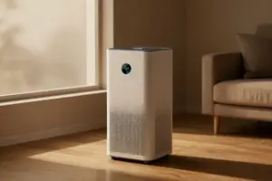 Modern HEPA air purifier for wildfire smoke working in a modern living room