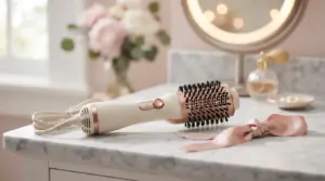 A luxury hot air dryer brush resting on a marble vanity counter designed as a hair dryer brush for frizzy hair