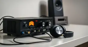 Premium headphone amplifier connected to high-impedance over-ear headphones on a clean audiophile listening setup