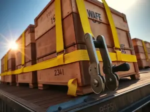 Heavy-duty ratchet straps tightly securing cargo crates on a flatbed trailer