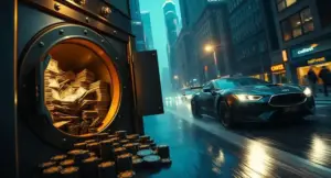 Cinematic collection of thrilling heist movie scenes featuring a vault, getaway car, stolen cash, and dramatic city lights