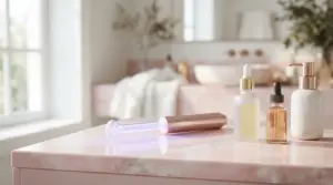 Sleek glass high frequency wand with glowing argon electrode for spot treatment on a marble vanity counter