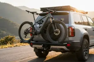 Heavy-duty hitch-mounted bike rack for e-bikes secured on the back of an SUV on a mountain road