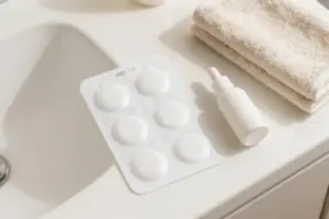 Clear hydrocolloid pimple patches on a backing sheet displayed next to a skincare serum bottle