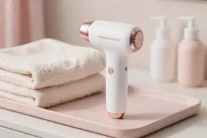 Sleek white and rose gold IPL hair removal device for home use resting on a bathroom vanity tray