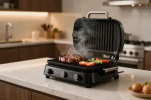Electric indoor smokeless grill for apartments grilling steaks on a kitchen countertop