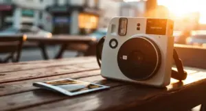 A stylish instant camera on a table representing the 10 best instant cameras for vintage aesthetic photos.