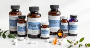 Selection of iodine supplement bottles and capsules arranged with natural thyroid health and nutrition elements