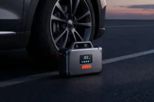 High-tech portable jump starter with air compressor sitting beside a car tire on an asphalt road at dusk