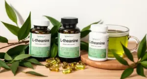 L-theanine supplement capsules beside green tea leaves representing calm focus, concentration, and stress support