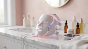 A high-tech LED face mask for wrinkles and acne resting on a marble vanity next to luxury skincare serums