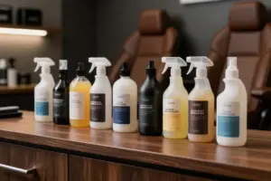 Collection of premium leather seat cleaners and conditioners arranged on a workbench in a car detailing studio