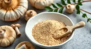 Premium Lion's Mane mushroom powder in a wooden bowl with whole Lion's Mane mushrooms for cognitive support