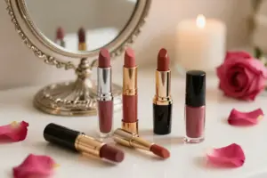 Collection of top smudge-proof lip stains that last through dinner on a marble vanity
