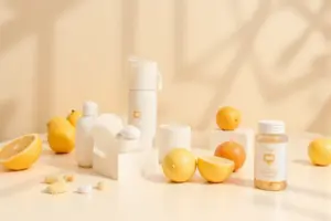 Selection of high-quality liposomal vitamin C supplement bottles and capsules arranged for immune health support