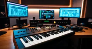 Professional MIDI keyboard controller connected to music production equipment in a modern recording studio
