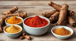 Selection of natural maca root powder in bowls with fresh Peruvian maca roots for energy and libido support