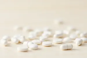A variety of plain magnesium supplement pills arranged on a table for our review of the 8 best magnesium supplements for muscle cramps.