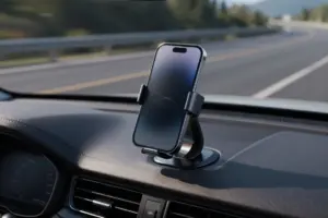 Sleek magnetic phone mount for bumpy roads mounted securely on a modern car dashboard