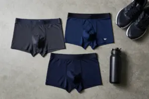 High-performance men's athletic briefs for marathon running arranged in a studio flat lay with running gear