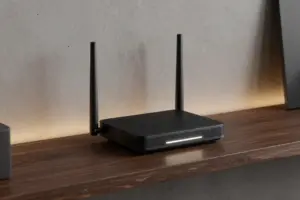 Sleek matte black mesh Wi-Fi router for thick walls placed on a wooden shelf near a concrete wall