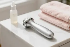 Sleek microcurrent device for facial lifting resting on a white marble vanity next to conductive gel