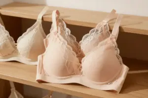 Comfortable minimizer bras in neutral nude tones displayed on a wooden shelf.