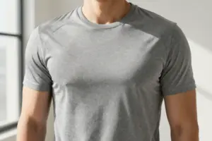 Athletic man wearing a high-performance moisture-wicking t-shirt in a sunlit studio