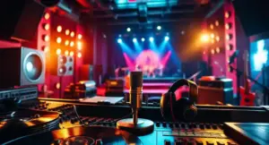 Cinematic collection representing movies about the music industry with recording studio equipment, vinyl records, microphones and stage lights