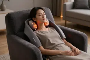 Electric Shiatsu neck and back massager with heat nodes resting on an armchair
