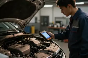 Professional auto technician using a handheld OBD2 scanner for diagnosing check engine lights in a workshop