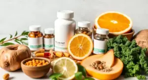 Ox bile supplement capsules arranged beside a healthy fat-rich meal representing digestive and fat absorption support