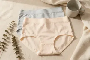 Folded organic period underwear for heavy flow displayed on beige linen with dried eucalyptus
