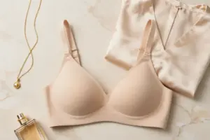 Seamless nude plunge bra for V-neck tops laid out with a silk blouse and gold accessories