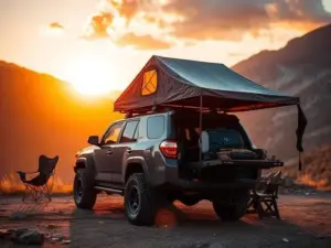 Portable car canopy deployed over an off-road vehicle at a scenic mountain campsite