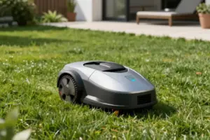 Compact robot lawn mower cutting grass on a small suburban yard