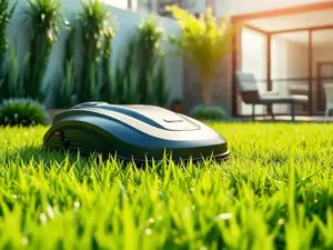 Modern robot lawn mower trimming fresh green grass in a small suburban backyard
