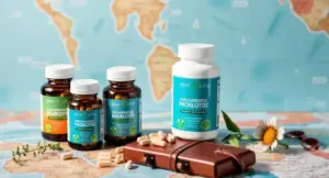 Saccharomyces boulardii probiotic capsules and supplement bottles arranged for digestive and travel health support