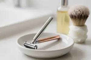 Chrome safety razor for beginners displayed on a ceramic dish beside a shaving brush