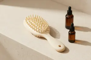 Silicone scalp massager for hair growth displayed next to hair care oils on a beige travertine surface